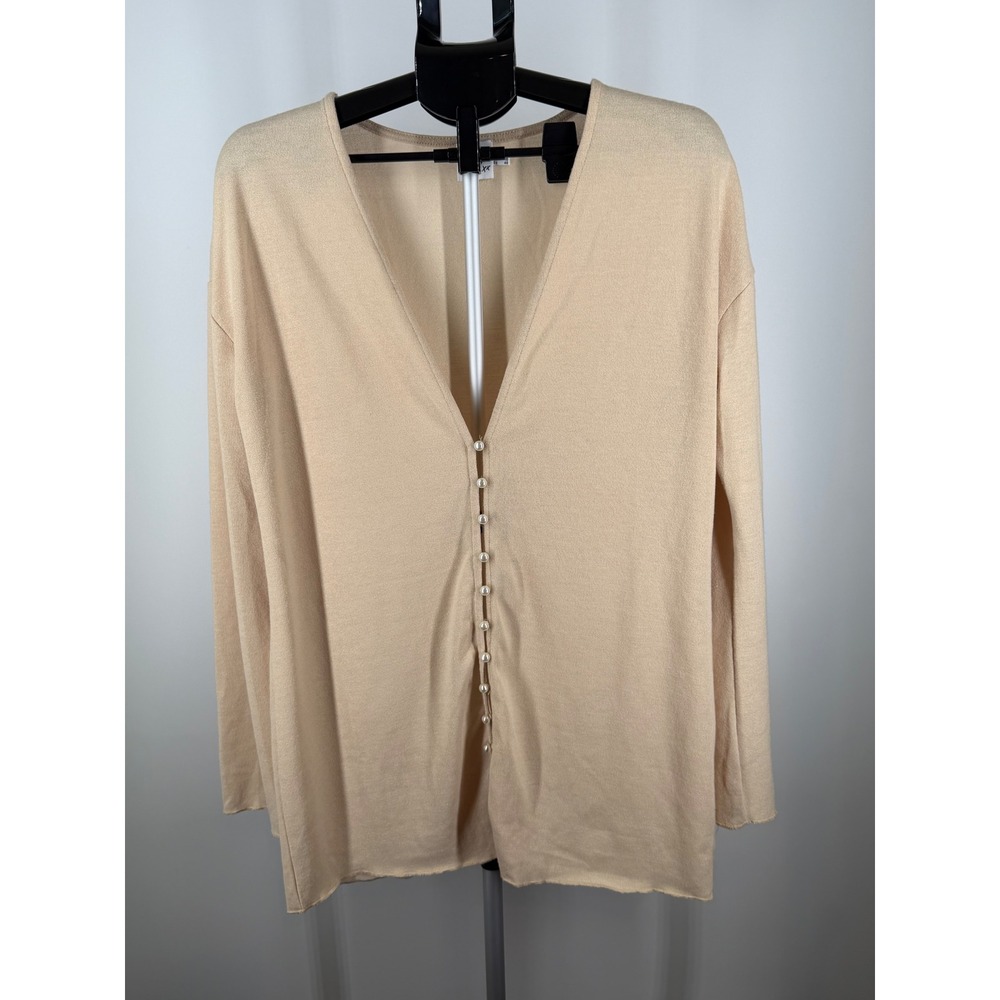 Princess Polly Beige Pearl Button V-Neck Knit Top Long Sleeve Tan US 10